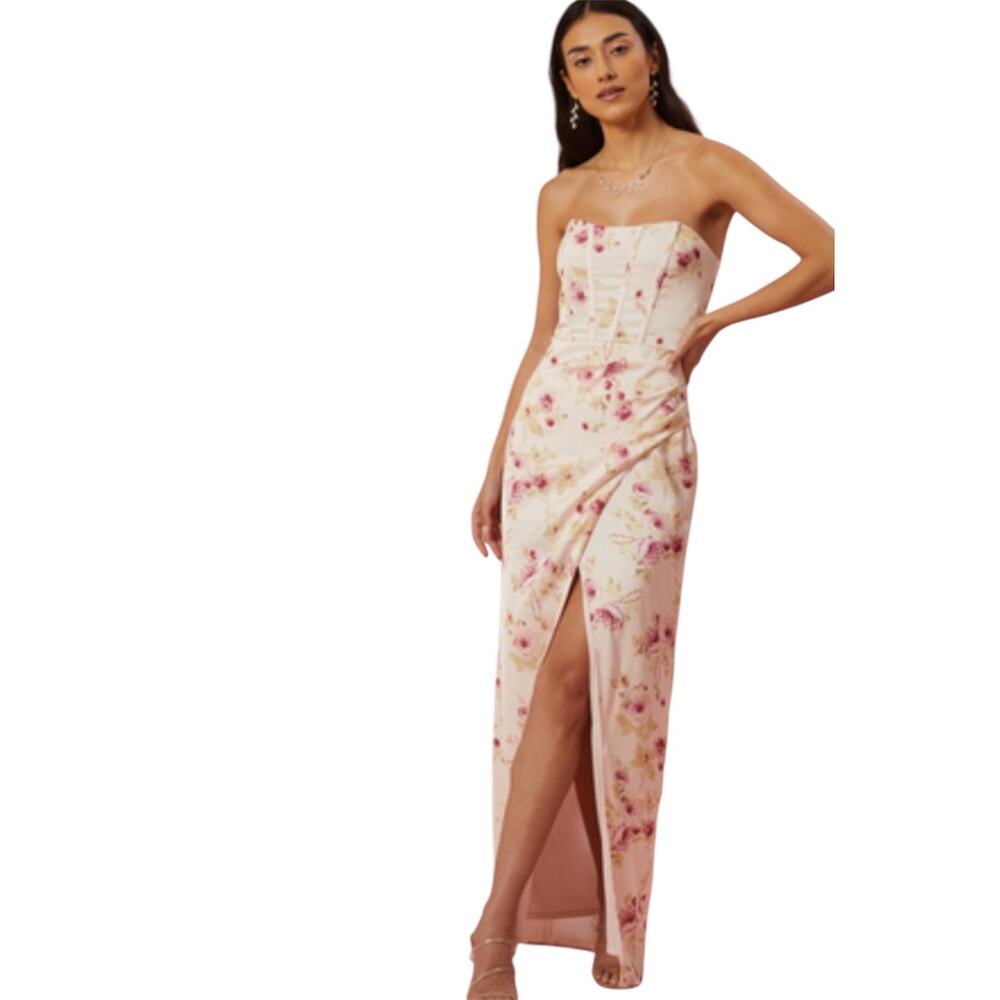 Altar'd State Floral Ruth Corset Satin High Slit Strapless Maxi Dress Size M